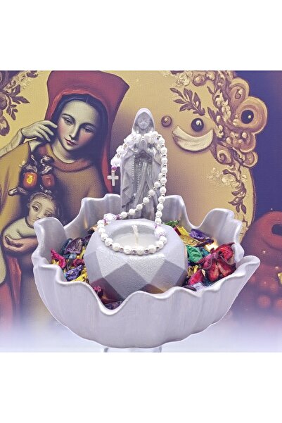 sharp&art Meryem Ana Heykelciği ve Mumluk, Kurutulmuş Yapraklar ve Led Işık i...