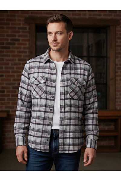 BERNEO Men's Dad Lumberjack Double Pocket Flap Checked/Plaid Shirt