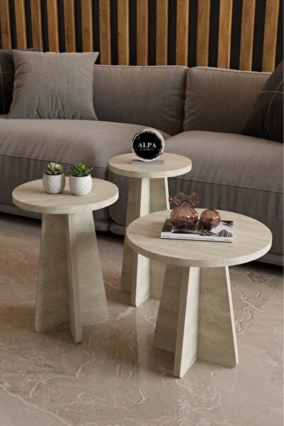 alpaevmobilya Mantar 3'lü Yuvarlak Zigon Sehpa, Salon Sehpa Takımı, İskandinav Stil, Yan-Orta Sehpa