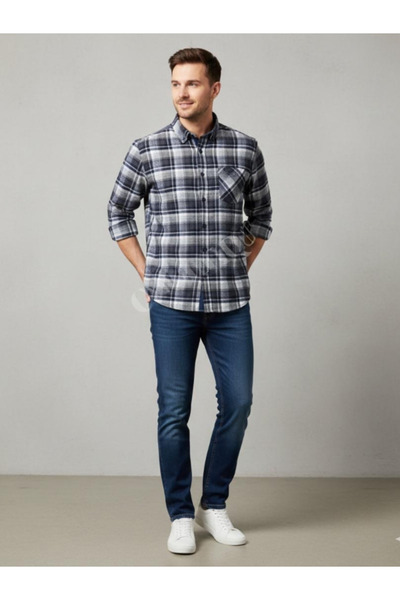 BERNEO قميص شتوي رجالي سميك بأزرار وأكمام وجيب للأب