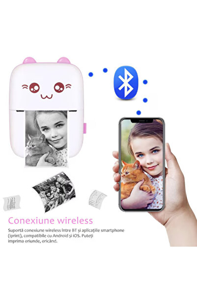 varioshop Σετ Mini Imprimanta Termica si 10 Role VarioShop®, Bluetooth, Συμβατό iOS/Android, Roz