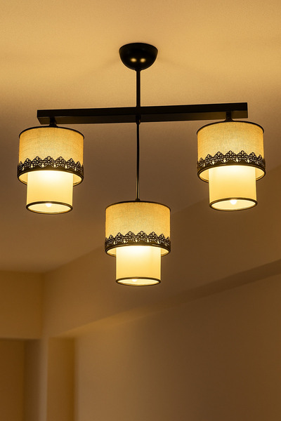 VENON Güven Avize Helis 3 Lü Siyah Sıralı Abajur Kahverengi Beyaz Camlı Avize