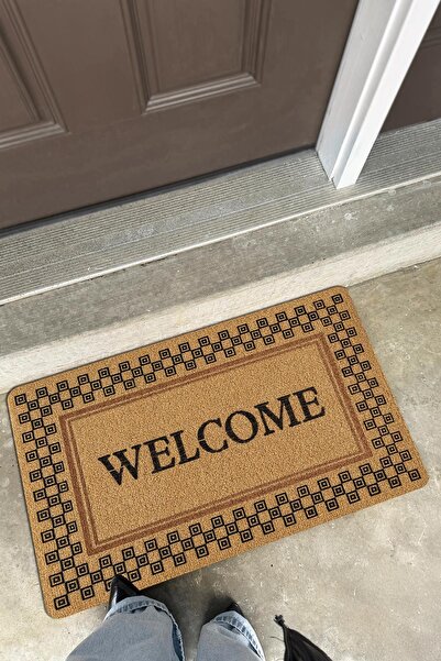 Cotto Home Coco Entry Ps029A Checkered Frame Welcome Pattern Thick Non-Slip Base Moisture Absorbing Stylish Door Mat