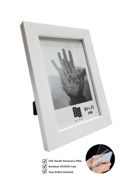 Batu Art Home Fotoğraf Çerçevesi Korumalı Kırılmaz Pleksi Camlı Masaüstü Ayaklı ve Asılabilir 10x15 Cm Beyaz