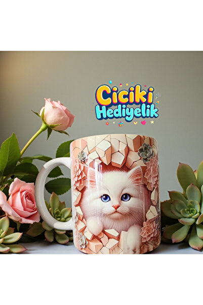 ciciki hediyelik Flower Kitten Printed 3D Effect Gift Mug