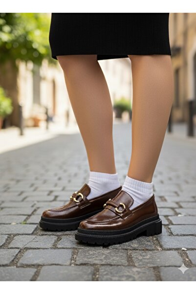 diya shoes Barbare Women's Black Patent Leather Thick Sole Buckle Loafer Shoes