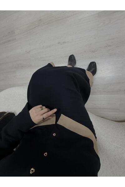 Touche %100 Pamuklu Dokulu Gömlek Etek Takım Siyah
