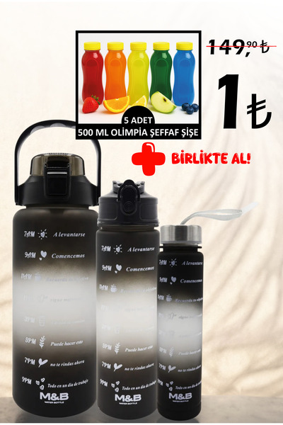 M&B WATER BOTTLE 3'lü Motivasyonel Matara Seti - Günlük Spor Kamp Su Matarası Pipetli Suluk Su Şişesi 2000-900-500ml