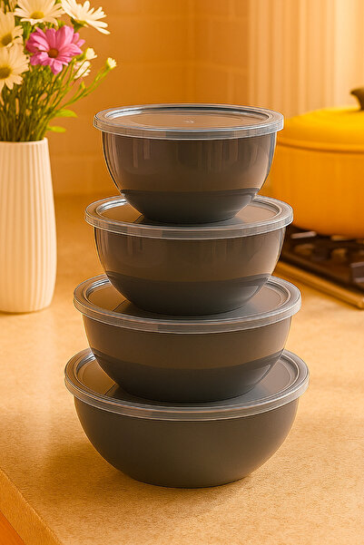 Vienev 4’lü Yuvarlak Kase Seti Antrasit | 1l, 1.5l, 2.3l, 3.3l | Kapaklı Çok Amaçlı Mutfak Saklama Kabı
