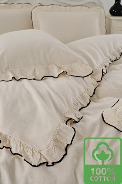 WEXSA %100 Pamuk Doğal Natural Boyasız Çift Kişilik Fırfırlı Nevresim Seti