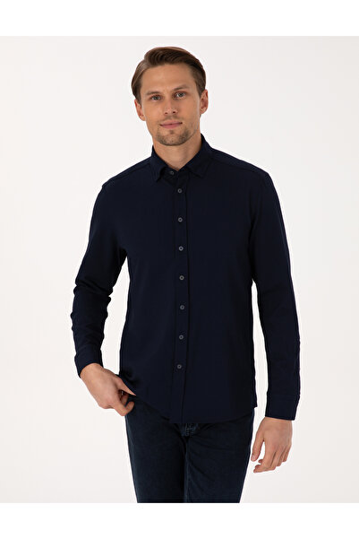 Pierre Cardin قميص أزرق داكن بأكمام طويلة وقصة ضيقة 50307162-VR033
