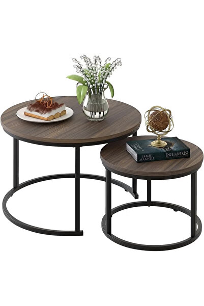 AGD Round Coffee Table Set, Solid Side Tables With Metal Frame, For Living Room Brown Color, Two Pieces