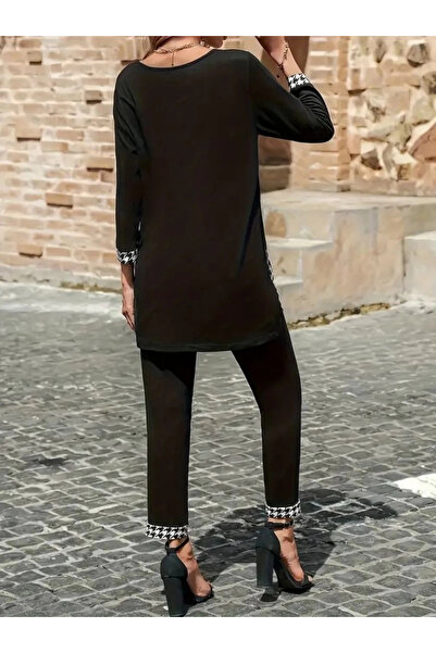 ARONA Women's Long Sleeve Round Neck Goose Feet Detailed Viscose Two Thread Blouse and Pants Two-Piece Set