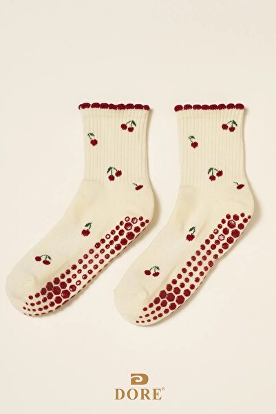 Dore Original Women's New Season Cherry Pattern Trend Model Pilates and Yoga Non-Slip Sole Socks 1 Pair