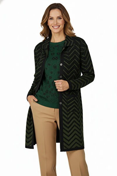 Oppland Women's Winter Motifed Buttoned Pocket Comfortable Cut Full Pattern Lycra Wool Woven Mother Cardigan