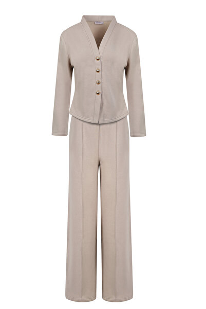 La Sarta Curtain Set Buttoned Fleece-Lined Beige 3-Piece Set