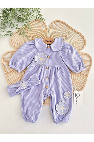 Jammybaby Daisell Embroidered K Ribbed Knit 100% Cotton Jumpsuit and Bandana Set