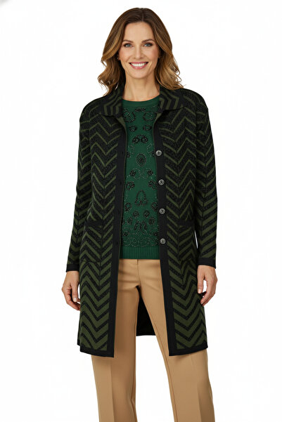 Oppland Women's Winter Motifed Buttoned Pocket Comfortable Cut Full Pattern Lycra Wool Woven Mother Cardigan