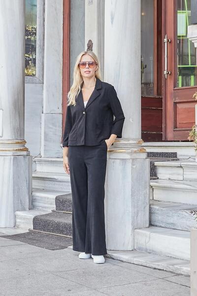 Jument Kadın Kadife Likralı Esnek Yumuşak Dokulu Yüksek Bel Yan Cepli Bol Paça Palazzo Pantolon-Siyah