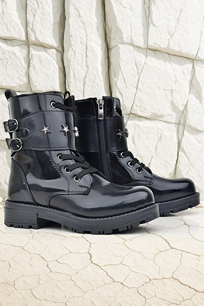 Rakerplus Чорні шкіряні черевики на шнурівці з блискавкою та зірковим декором для дівчаток