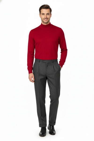 Oppland Мъжки зимен пуловер с половин яка, памучен, плетен, марина, дълъг ръкав, едноцветен, свободна кройка