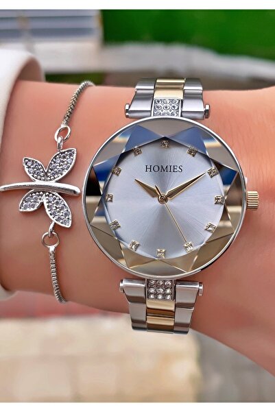 Homies Brand Yellow Silver Color Waterproof Women's Wristwatch - With Bracele...