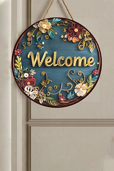 MODERN TASARI Kapı Süsü Ahşap MDF "WELCOME" Yazılı - Çiçek Desenli - UV DÜZ BASKI- 2D FLAT