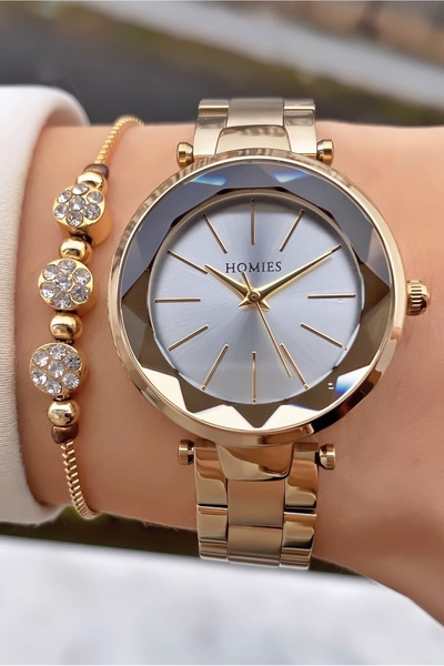 Homies Marka Sarı Gümüş Renk 2 Yıl Garantili Su Geçirmez Kadın Kol Saati - Bileklik Hediyeli
