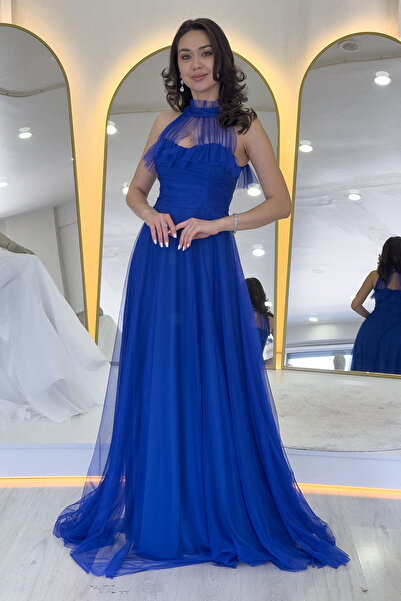 Elbise Delisi Kadın Saks Drapeli Sıfır Kol Büyük Beden Abiye Elbise