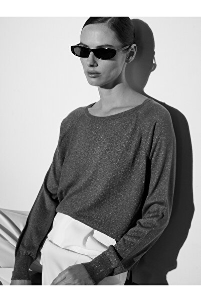 Dilvin 10557 Crew Neck Glitter Knit Sweater-Smoked