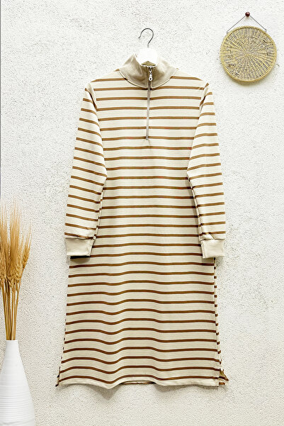 MODAQU Υψηλός γιακάς ριγέ τουνίκ - Camel