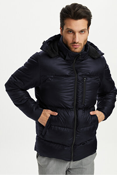 D1fference Pánská tmavě modrá nafukovací sportovní zimní bunda s kapucí a tlustou podšívkou