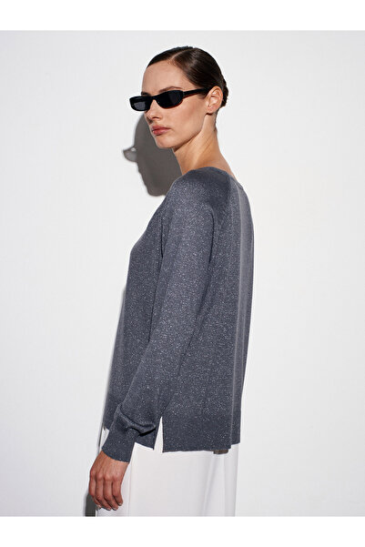 Dilvin 10557 Crew Neck Glitter Knit Sweater-Smoked