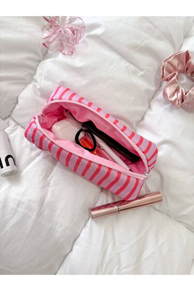 girlsybags Pembe Çizgili Tek Gözlü Kalemlik Sıvı Geçirmez Yıkanabilir Fermuarlı Okul Kalem Kutusu