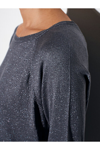 Dilvin 10557 Crew Neck Glitter Knit Sweater-Smoked