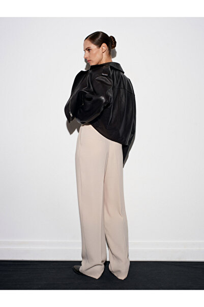 Dilvin 7954 Yüksek Bel Pileli Palazzo Pantolon-Açık Taş