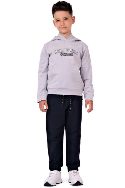 Mnk Baby&Kids Boy's Worldwide Winner Embroidered Kangaroo Pocket Hooded Tracksuit Set Light Gray