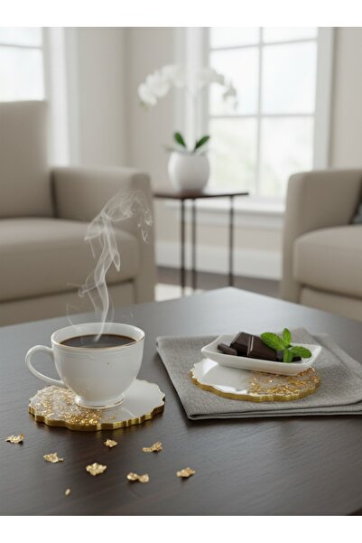 BG CONCEPT Epoksi Bardak Altlığı Beyaz Gold Detaylı 2’li Set – 13 cm
