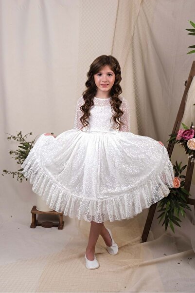 Mnk Baby&Kids Λευκό Δαντελένιο Μακρυμάνικο Κοριτσίστικο Φόρεμα - MNK0600