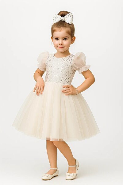 Mnk Baby&Kids Balon Kol Pul Payet Kız Çocuk Tütü Elbise M00751 BEYAZ