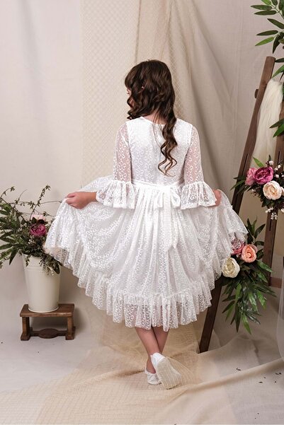 Mnk Baby&Kids Λευκό Δαντελένιο Μακρυμάνικο Κοριτσίστικο Φόρεμα - MNK0600