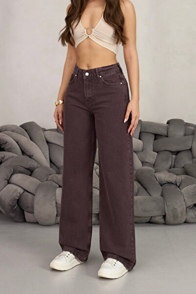 BİKELİFE Kadın Kahve Yüksek Bel Geniş Paça Kot Pantolon