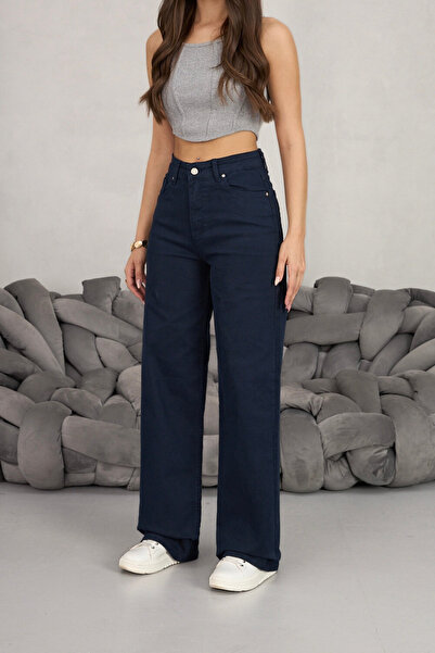 BİKELİFE Γυναικείο παντελόνι με ψηλόμεσο παντελόνι με φαρδύ πόδι σε μπλε ναυτικό χρώμα