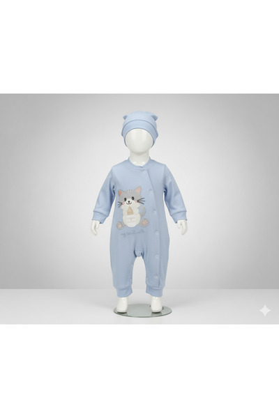 GİRL EMELY Baby Jumpsuit with Hat 100% Cotton Cat Embroidered Solid Color