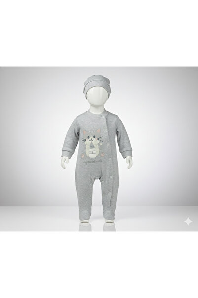 GİRL EMELY Baby Jumpsuit with Hat 100% Cotton Cat Embroidered Solid Color