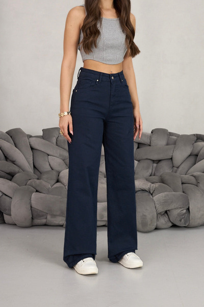 BİKELİFE Women's Navy Blue Wide Leg Palazzo High Waist Trousers