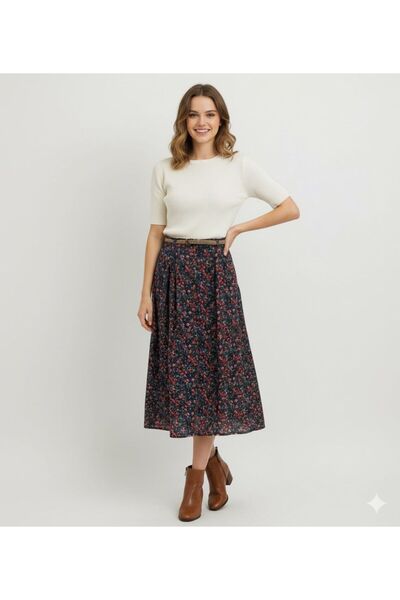 Crep Tekstil Çiçek Desenli Kemerli Etek 9073