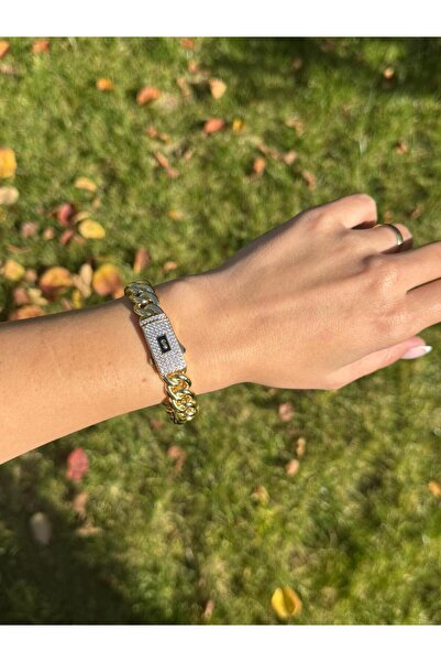 Luseda Taşlı Gurmet Çelik Kelepçe Gold VIP Bileklik Çap 6.5CM
