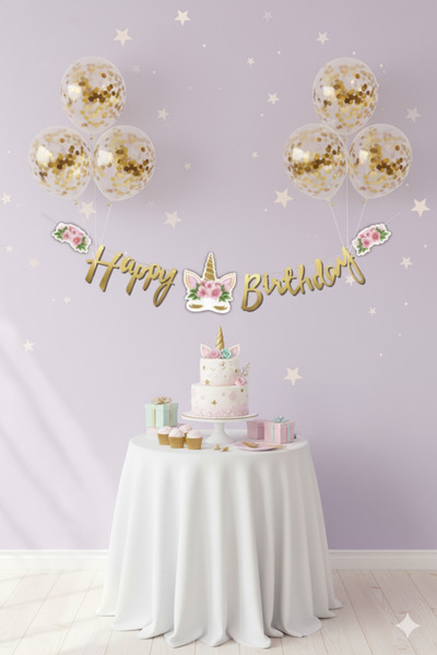 Deniz Party Store Μονόκερος Floral - Χρυσό Μπαλόνι Καλλιγραφίας Ευτυχισμένο Βλέπων Με Καλλιγραφία