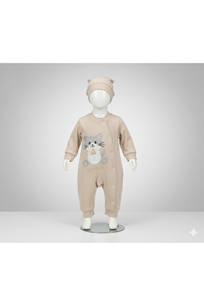 GİRL EMELY Baby Jumpsuit with Hat 100% Cotton Cat Embroidered Solid Color